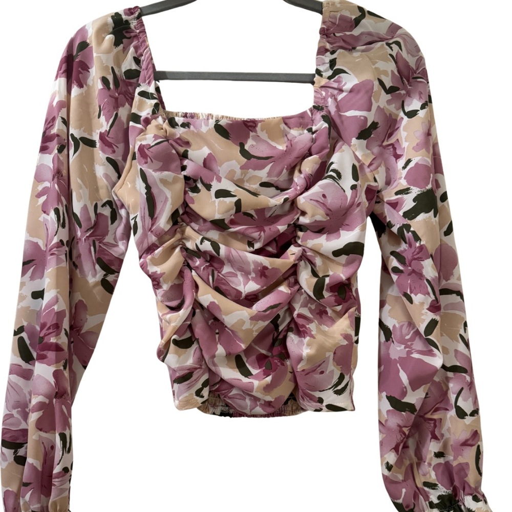 Floral Ruched Women's Top - Pink and Cream